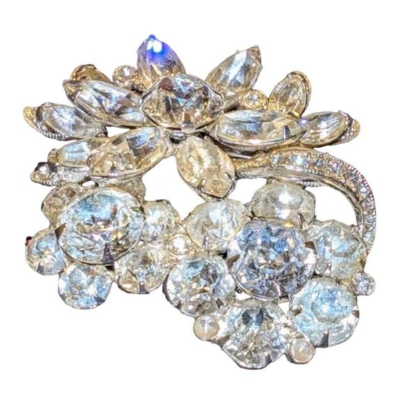 Vintage 1950's Eisenberg Stunning Signed Rhinestone 3 Flower Brooch 2.5 inches - Picture 1 of 7
